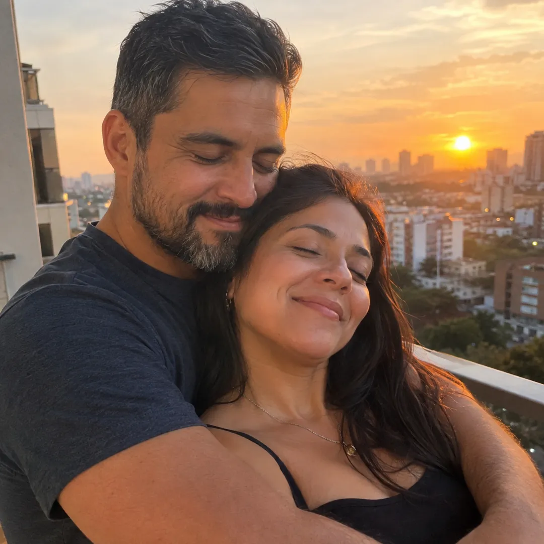 Un hombre abraza a su esposa al atardecer