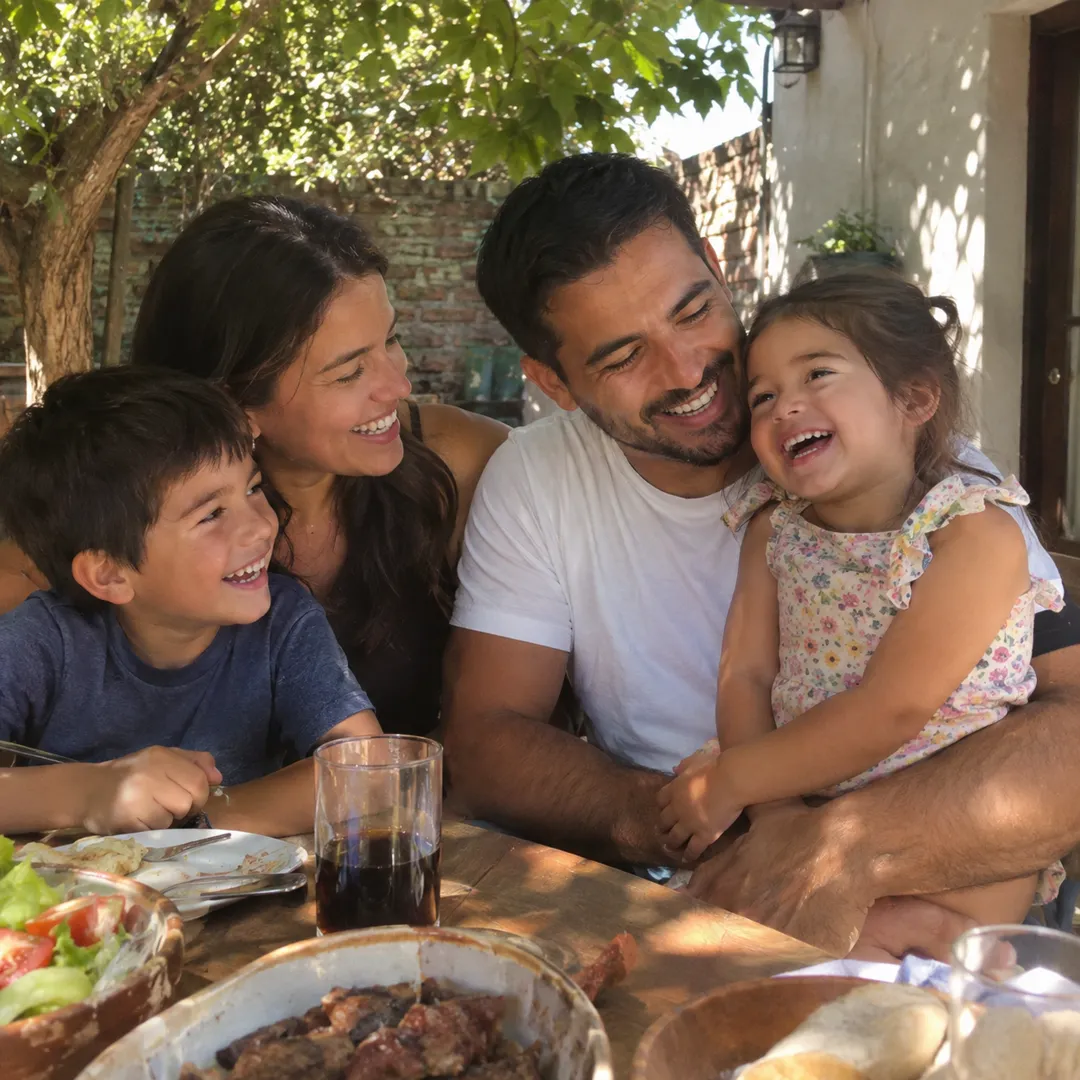 Un padre riéndose en la mesa con su esposa y sus hijos
