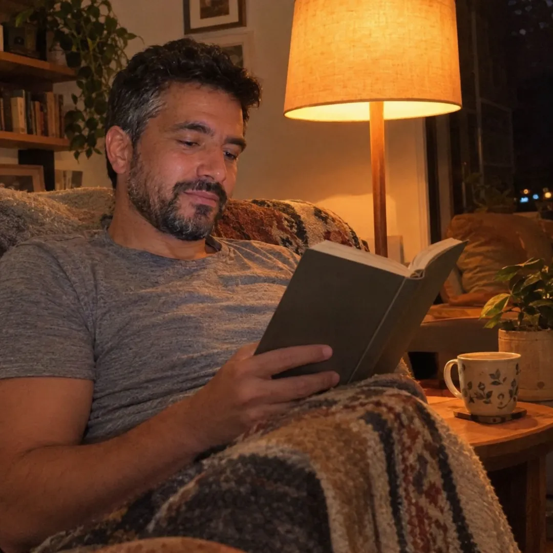 Un hombre leyendo tranquilo con la luz cálida de una lámpara
