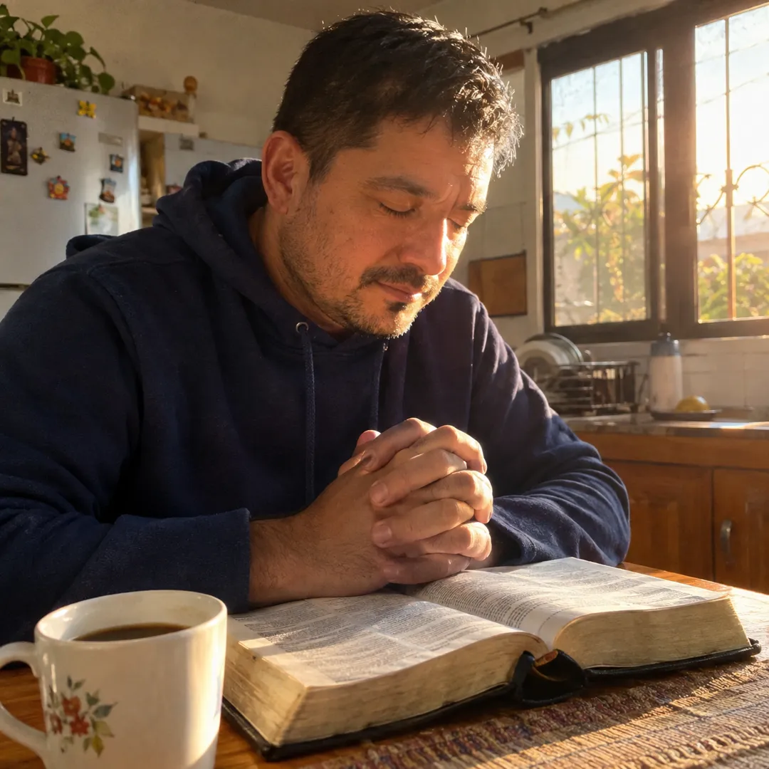 Un hombre orando en paz a la mañana, con la Biblia abierta